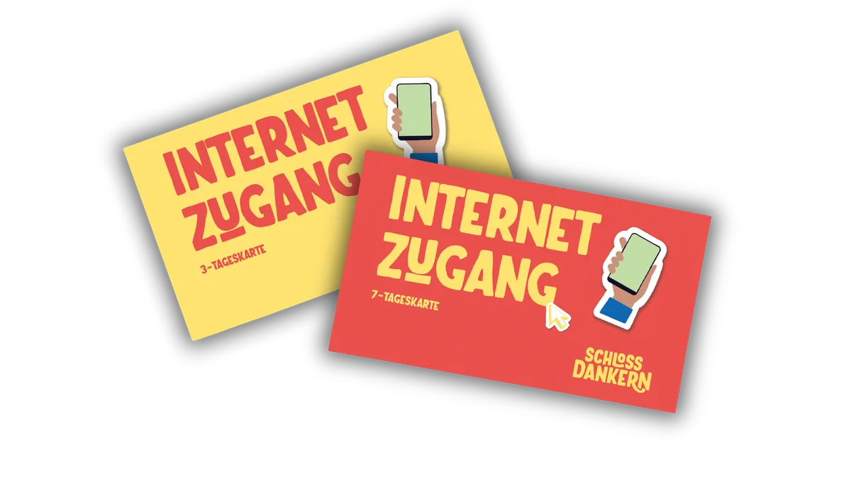 Zwei Zugangskarten „Internet-Zugang“ von Schloss Dankern: eine gelbe 3-Tageskarte und eine rote 7-Tageskarte